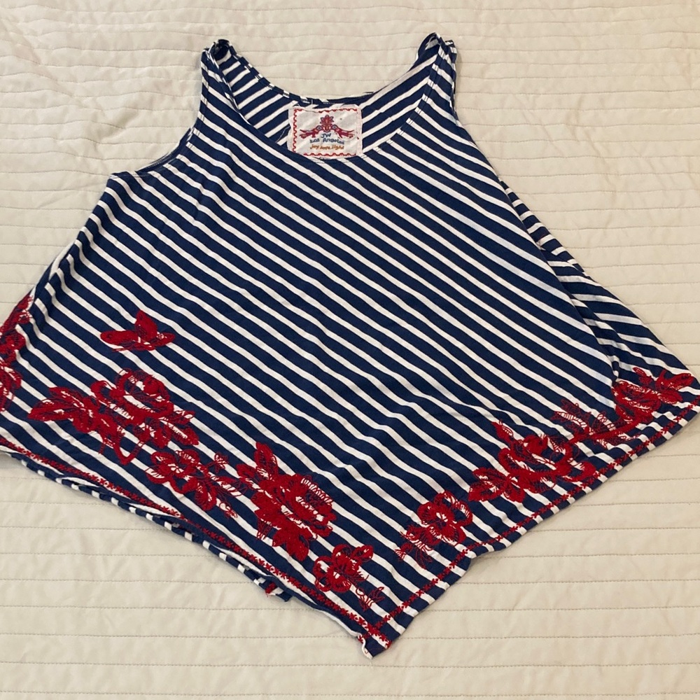Striped Tank Top with Red Floral Accents